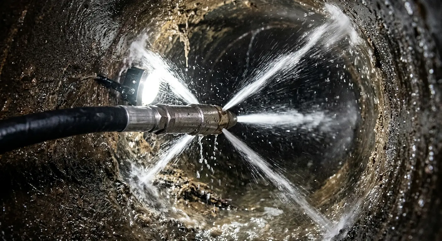 High-pressure hydro jetting nozzle cleaning sewer pipe for Emergency Drain Service in West Norriton