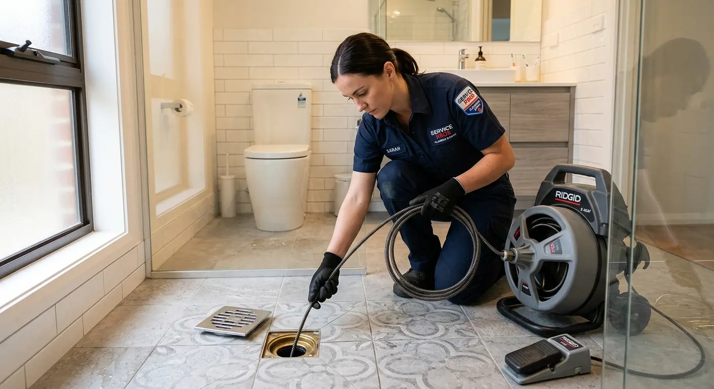 Technician clearing a bathroom floor drain for Sewer Line Installation in West Norriton